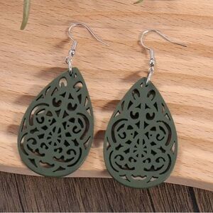 Green Wood Dangle Earrings